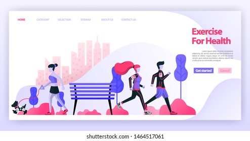 Couples running together and women jogging with dogs in the city park or central park. Flat vector illustration concept for Landing page, website, web, mobile apps,ux ui, banner, proster, background
