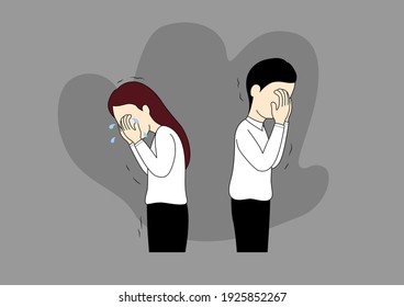 Couples are sad after quarreling on gray background. Family crisis, Cartoon vector illustration.