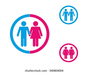 Couples, same sex and opposite sex, represented in graphics contained in blue and red circles on white background.