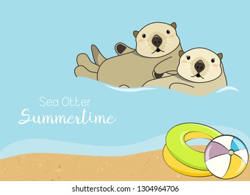 couples of sea otter floating in the sea