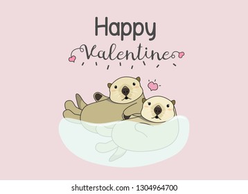 couples of sea otter floating in water. Valentine card.