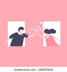 Couples send love in the window for Valentine's day festival on pink background.