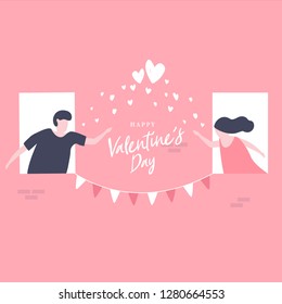 Couples send love in the window for Valentine's day festival on pink background.