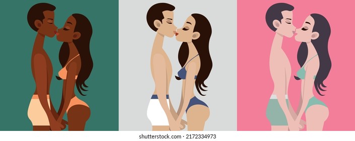 Couples set in love in a flat vector illustration with kissing heterosexual couple, a guy and a girl in underwear. Love concept, foreplay, passion, lust, racial diversity of love, relationships
