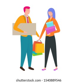 Couples shopping with bags and packages isolated on white background. Composition with beautiful man and woman make various purchases on store in cartoon flat style. Vector colorful illustration.