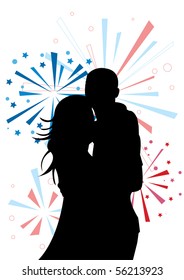 Couple's silhouette on firework background. Vector illustration