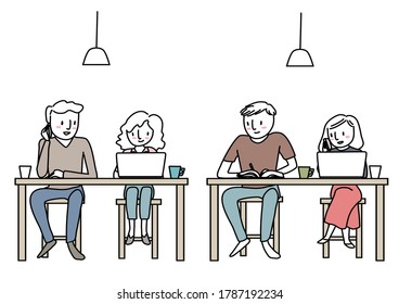 Couples sitting at cafe, drinking coffee, using laptop, working and talking on phone. Group of people sitting at tables, working together as team. Young people working at co-working space.