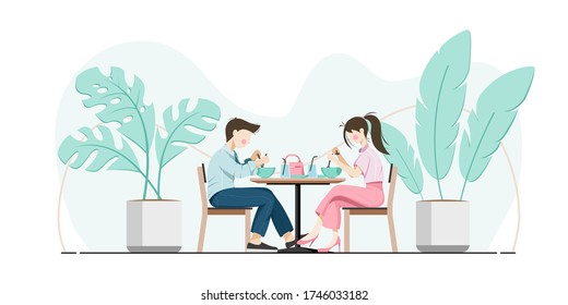 Paare sitzen und essen am Tisch. Vektor-Abbildung