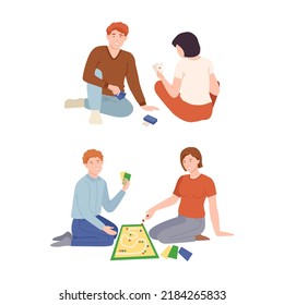Couples sitting on floor playing tabletop or board games set vector illustration