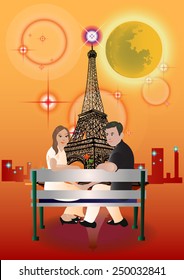 couples sitting in Paris on an orange background.