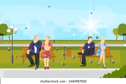 Couples sitting in the park Vector flat style. Old and young couple enjoying summer