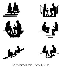 Couples sitting and talking silhouettes vector set. Romantic man and woman communicating, relaxing on stairs or benches black shapes collection.