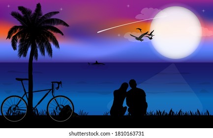 Couples sitting together looking at the Moon, vector illustration graphic design