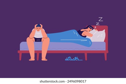 The couple's sleep time was disrupted by snoring. The vector illustration shows a snoring woman on the bed and an upset man. Sleep apnea problems. Flat style on isolated dark background.