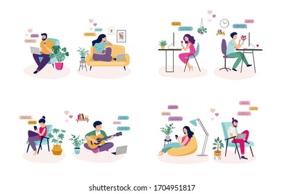 Couples with smartphones, tablets and laptops chatting online, during coronavirus self isolation, quarantine. Virtual dating concept. Vector illustration