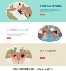 Couples in spa salon. people spend time making relaxation procedures in spa. vector banners set