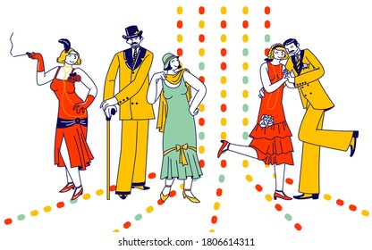 Couples Sparetime with Retro Dancing in Night Club, Elegant Characters Active Lifestyle, Men and Women Spend Time Together, Dance Lessons, Leisure or Weekend Hobby. Linear Vector People Illustration