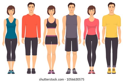Couples in sportswear. Young men and women standing in full growth in different sports clothes for exercises in gym, running, fitness. Vector illustration, isolated