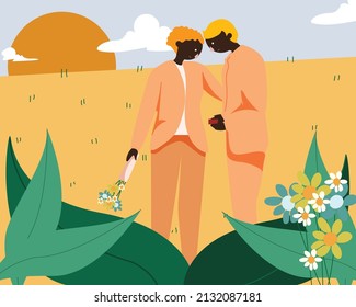 Paradas enfrentadas unas frente a otras, sosteniendo flores con fondo natural ilustración vectorial plana