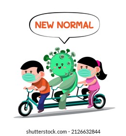 Couples take to the city to exercise on multi-seater bicycles using social distancing rules. Social distancing concept for preventing coronavirus covid-19. Cartoon people characters. Flat illustration