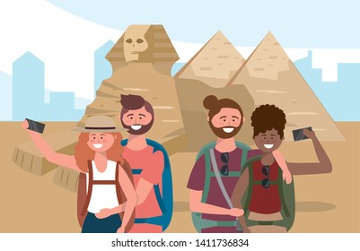 couples taking a picture with backpack in the egypt sculpture