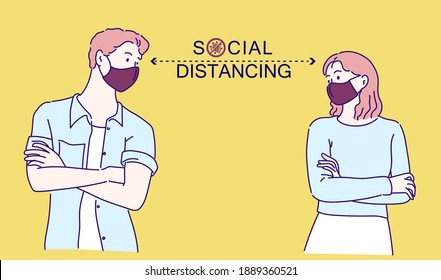 Couples talking at a distance of about 1 meter. Social distancing, keep distance in public society people to protect from COVID-19. Hand drawn in thin line style, vector illustrations. 