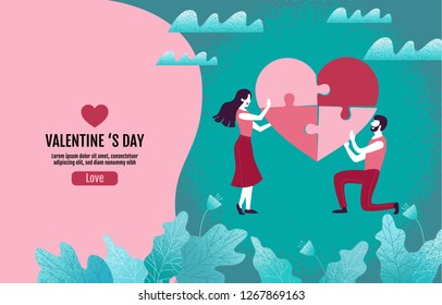 Couples together create heart-shaped puzzles, Valentine 's Day, Love, Vector Illustration.