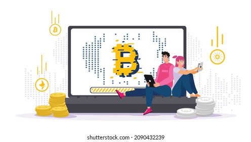 Couples are trading Bitcoin for their future through computer exchange.Investments, Digital currency vectors. Currency exchange vectors. Cryptocurrency vector concept.