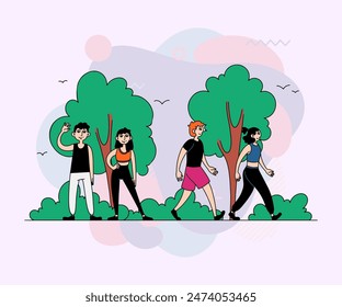 Couples training in park. Active man and woman in fitness outfits flat vector illustration. Lifestyle, fitness, activity concept for banner, website design or landing page