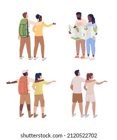 Couples traveling together semi flat color vector characters set. Exciting dates. Full body people on white. Travel destinations simple cartoon style illustration for web graphic design and animation