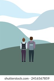 A couple's trek through the mountains. The hikers are seen traversing rocky terrain.
