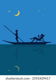 the couples under the moonlight on the boat illustration