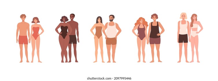 Couples in underwear. Diverse men and women with different body types, chubby, slim and thin shapes. Male and female characters portraits set. Flat vector illustrations isolated on white background