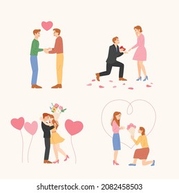 Couples of various composition. Couples making proposals. flat design style vector illustration.