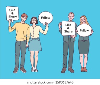 Couples of various races are holding speech bubbles. hand drawn style vector design illustrations. 