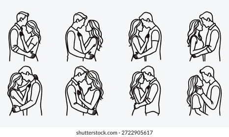 Parejas en varias poses románticas abrazándose y besándose cariñosamente en diferentes posiciones