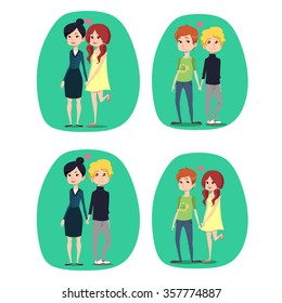 Couples Vector illustration. Set of people. Cartoon funny characters. Gay and lesbian couples.