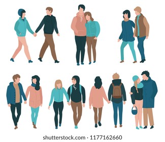 Couples vector illustration set - young men and women hugging and holding each other hands walking in autumn clothing isolated on white background. Loving male and female characters in fall season.