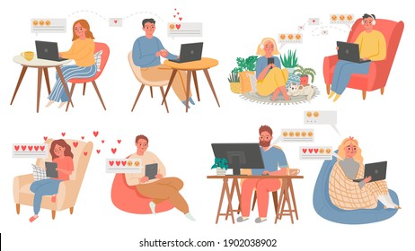 Couples virtual chat. People with computer or phone, online date from home. Celebrate Valentines day in quarantine. Love couple vector set. Communication chat online smile and messaging illustration