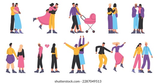 Couples walk together. Guys and girls holding hands. Cuddling cute beloved people. Romantic relationships. Happy partners with baby pram. Man and woman dating. Vector