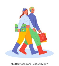Las parejas caminan en invierno. Hombre y mujer con regalos con ropa de abrigo. Escena de Año Nuevo y Navidad. Afiche o pancarta. Dibujo vectorial plano de dibujos animados aislado en fondo blanco
