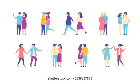 Couples walking set of people casual men and women together vector illustration isolated collection. Different couples stand, walk, hug, talk and take selfies together. Romantic relationships, dates