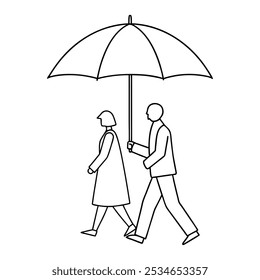 Una pareja caminando bajo un diseño de arte de línea de paraguas