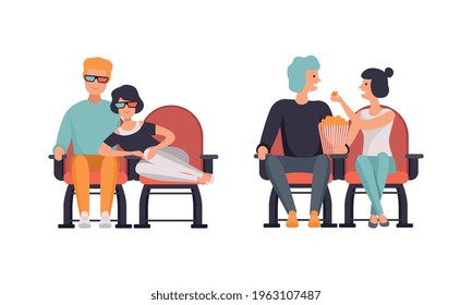 Couples Watching Film in Movie Theater Set, Happy Couples in Love Having Date in Cinema Hall, Front View Flat Vector Illustration