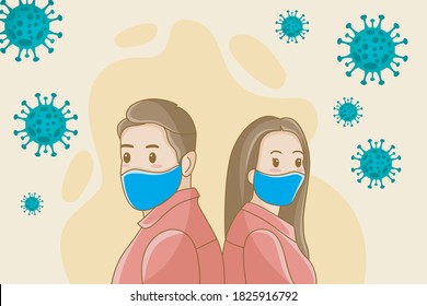 Las parejas llevan máscaras faciales para el coronavirus, afiches del coronavirus, hombres y mujeres usan mascarilla facial