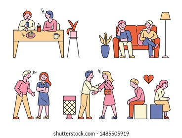 Couples who aren't good between each other. flat design style minimal vector illustration.
