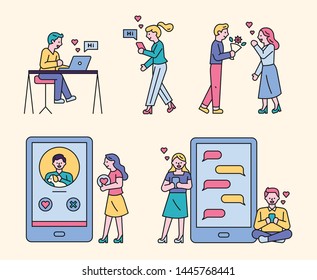 Couples who convey the message of love to digital devices. A boyfriend who presents a flower to a girlfriend. flat design style minimal vector illustration.