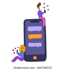 Couples who convey the message of love to digital devices. flat design style minimal vector doodle illustration.