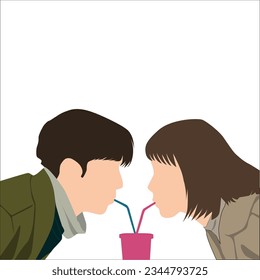 Couples who are drinking one glass of juice together, Korean men and Korean women