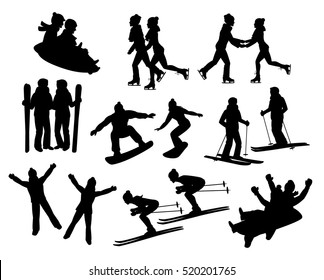 couple's winter fun activities silhouettes set. Man and woman skating holding hands, sledding together, skiing, lying on snow and snowboarding